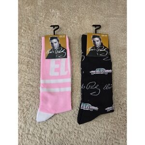 Elvis Presley Crew Socks 2 Pair Bundle Pink Cadillac Signature Mens US 7-12 NEW